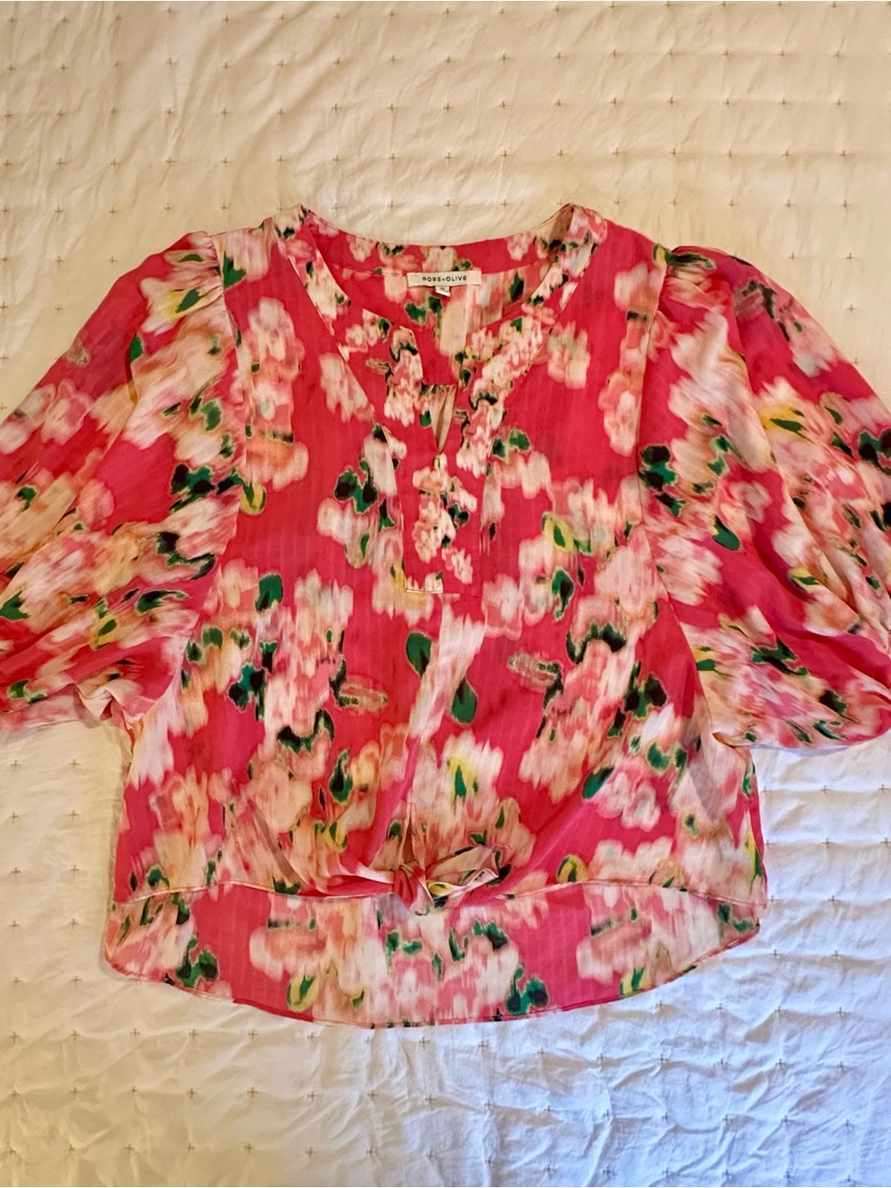 Rose & Olive Floral Puff Sleeve Tie Front Blouse XL - Like New - Picture 2 of 13